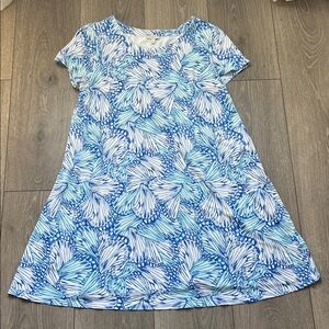 Talbots, Sz MP, short sleeve blue, white dress, stretchy, spring, comfy, Easter